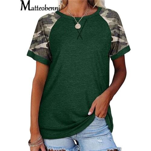 Hot Sale Camouflage Stitching Short-Sleeve T-Shirt Top Women Summer 2021 New Style Large Size O-Neck Split Printing Street Tee