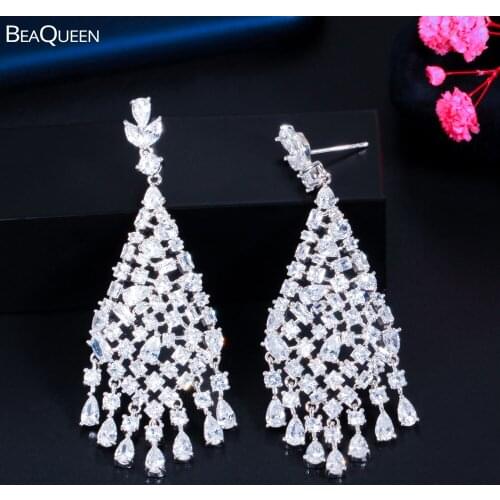 BeaQueen Gorgeous Dangle Water Drop White Cubic Zirconia Long Earrings for Women Wedding Evening Dress Jewelry Accessories E429