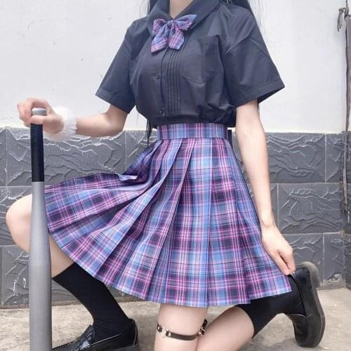 Women Purple Black Uniform Pleated Skirts Japanese School Uniform High Waist A-line Plaid Skirt Sexy Jk Uniforms Girls Full Sets