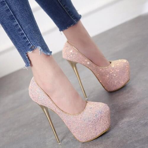 2021 New Platform 16cm Ultra High Heels Woman Shoes Sexy Bling Pumps Party Dress Shoes Black Pink Blue Size 34-45 Women Heels