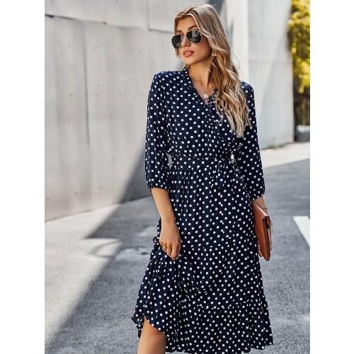 2021 Fashion Elegant Blue Ruffle Polka Dot Print Midi Women Dress Summer V Neck Bohemian Sundresses Slim Lovely Ladies Clothing