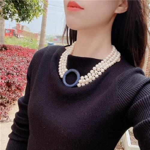 3rows Freshwater pearl white near round necklace 9-10mm pendant necklace nature beads 45cm