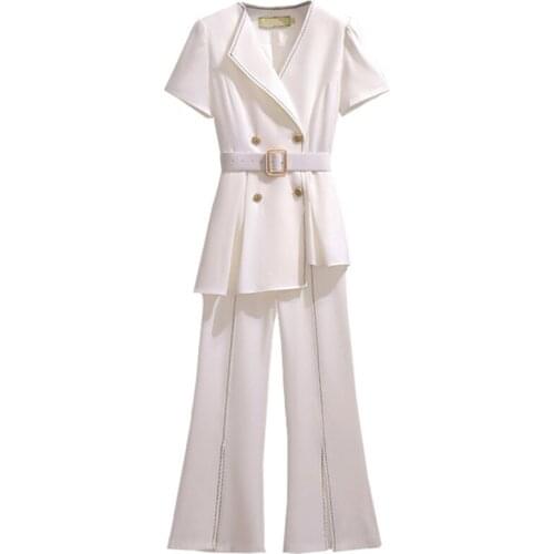 4XL Plus Size 2021 Summer Womens Blazer Coat Set Short Sleeve Double Breasted Irregular Blazers+Wide Leg Suit Pants