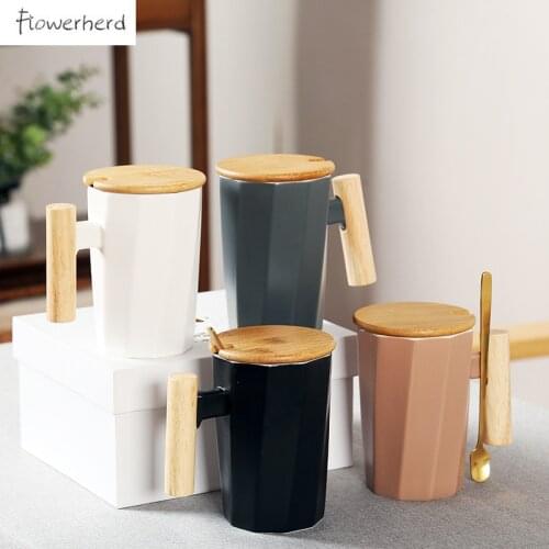 Large Nordic Straight Ceramic Mug Coffee Mugs Tea Mug Coffeeware Teaware with Lid Wooden Handle Mug Office Coffee Cup Water Cup