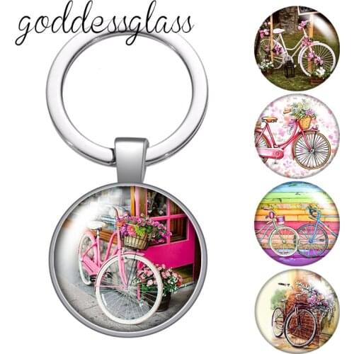 Bicycle images Love bicycle bike Round glass cabochon keychain Bag Car key chain Ring Holder Charms keychains for gift