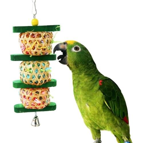 Parrot Shredder Paper Toys Hanging Wood Rattan Foraging Chewing Toy Bird Bite with Bells Cage Accessories