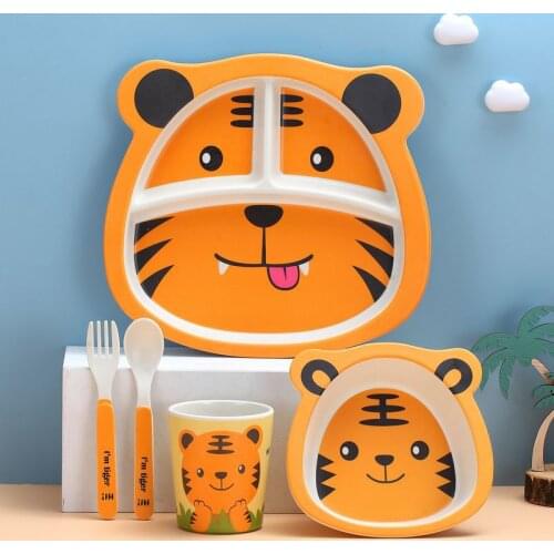 Platos Baby Bamboo Bowl+Spoon+Fork Feeding Food Tableware Set Cartoon Baby Tableware Kid Dishes Bamboo Feeding Bowl Dinner Plate