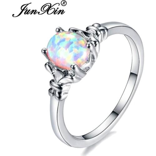 JUNXIN Blue/Purple/White Fire Opal Rings For Women Men Vintage Oval Birthstone Ring Rainbow Wedding Jewelry 2018 Dropshipping