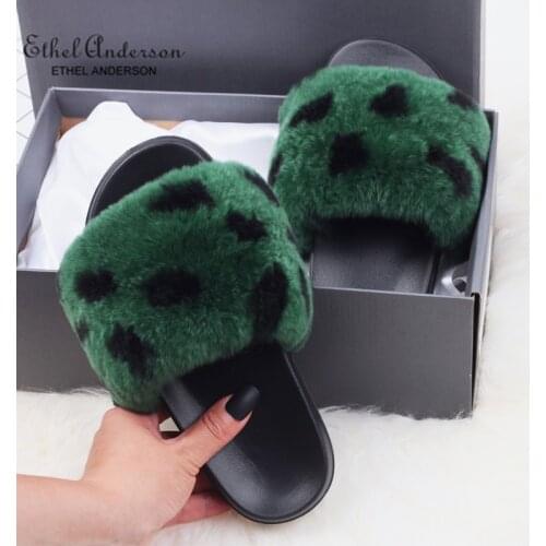 2019 Hot Real Rabbit Fur Slippers Slides Vogue Leopard Slip on Popular Flat Fur Shoes