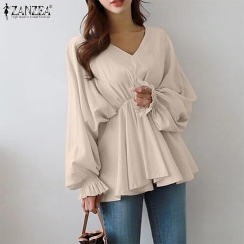 ZANZEA Fashion Women Ruffles Blouse Spring Long Flare Sleeve Shirt Elegant V Neck Pleated Blusas Casual Work OL Tops Chemise