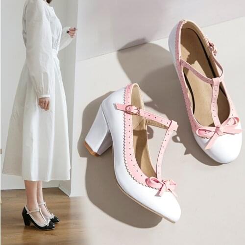 2020 Fashion Lolita Womens Shoes Pink Red Black Block Women Heels Mary Jane Party High Heel Shoes Plus Size 32-43 Pumps