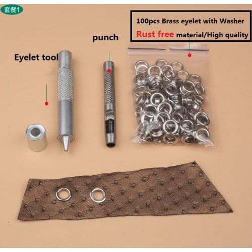 100 set Brass rust free Copper silver eyelet and Eyelet Punch Die Tool Set for Leather Craft Clothing Grommet Banner 4mm - 20mm