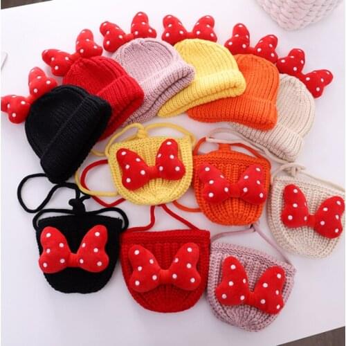 2020 new winter warm girls hat bag set cute polka dot cartoon big bow stretch baby hat childrens knitted cotton beanie hat