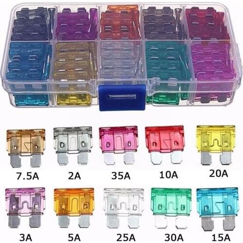 100/50Ps Profile Medium Size Blade Type Car Fuse Assortment 2/3/5/7.5/10/15/20/25/30/35A Fuse Set Auto Car Truck with Box Clip
