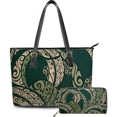 Drop Shipping Polynesian tribal style Print Pattern custom Large Handbag Women Famous Brands Leather Tote Bag and PU purse set