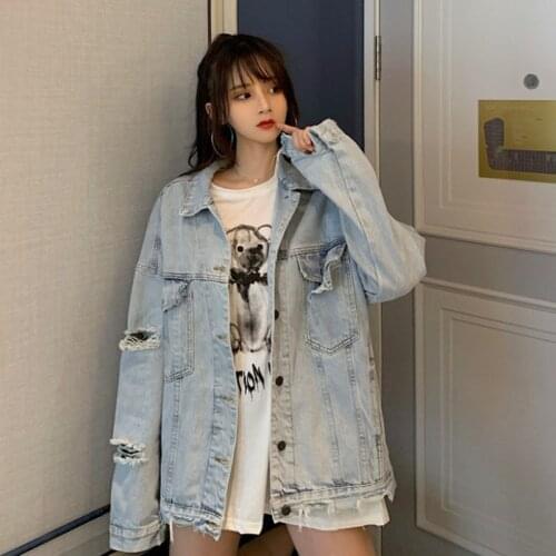 Spring Autumn 2021 Loose Vintage Light blue Frayed Hole Denim Jacket Women Oversized Coat Casual Streetwear Jeans Jacket Female
