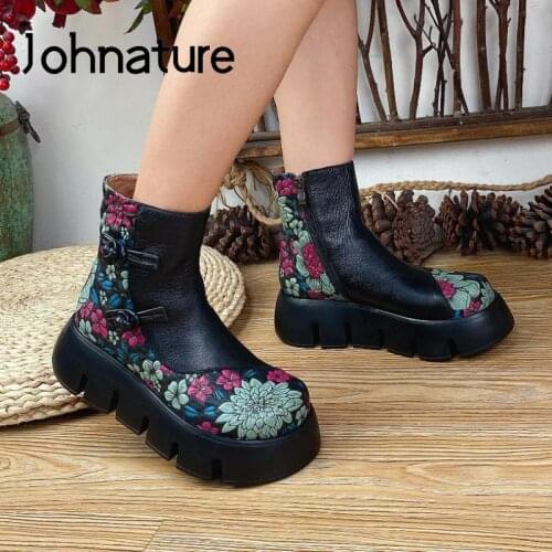 Johnature Retro Shoes Women Boots Genuine Leather Zip Print 2021 New Autumn Winter Flower Handmade Comfortable Platform Boots