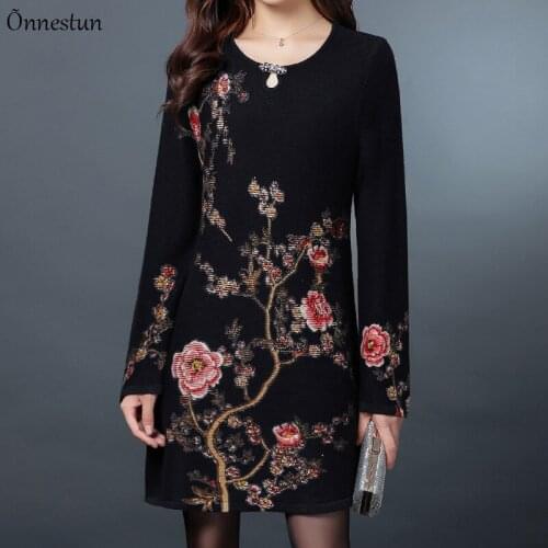 Floral Print Long Sweaters Dress Autumn Women Clothing Long Sleeve Top Femme Pullover Slim Elasticity High Quality Sweater Women
