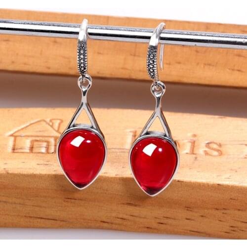 ZHJIASHUN Retro Garnet 100% 925 Sterling Silver Drop Earrings For Women Natural Red Gemstone Ruby Fine Jewelry