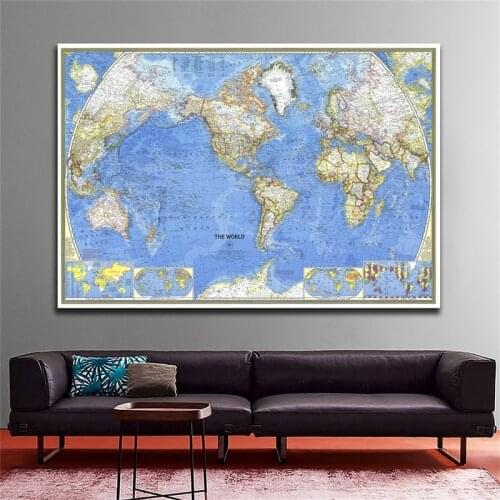 1PC 1965 World Map 90*60cm Map of The World Paper Non Woven Wall Sticker for Living Room Home Office Decoration Supplies