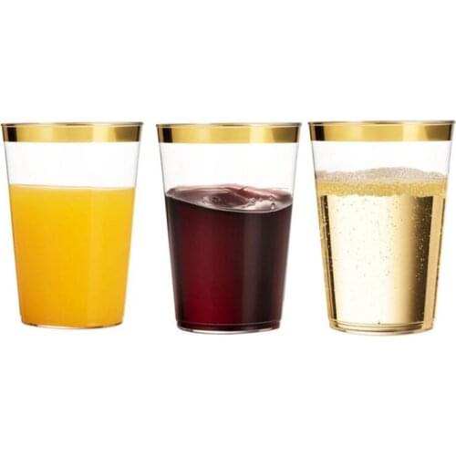 5pcs 12oz Gold Plastic Cup Rose Gold Rim Wedding Party Cups Disposable Party Clear Tumblers Silverware Drinking Accessories