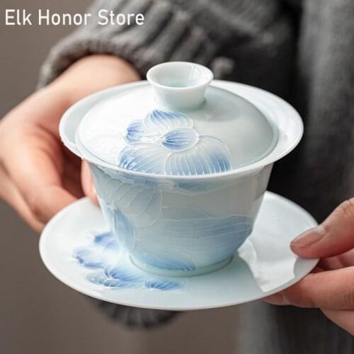 150ml Blue And White Porcelain Cover Bowl Hand-Painted Misty Blue Tea Bowl Chinese Kungfu Teaset Ceramic Thin Tire Sancai Gaiwan