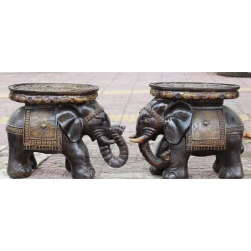 18" Chinese Red Copper Fish Lucky Elephant Tool Chair Statue Pair