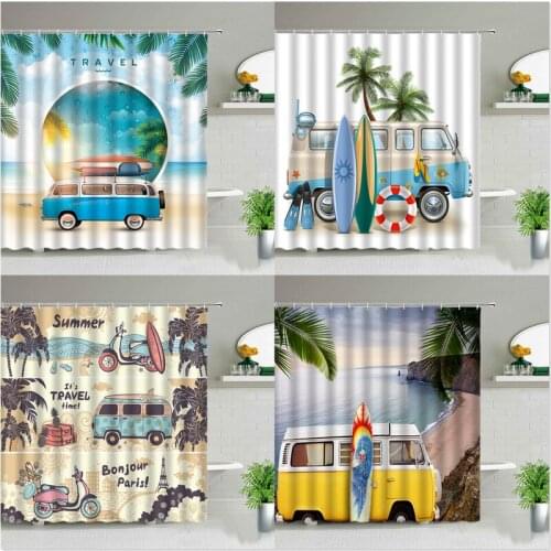 Car coconut tree seaside scenery pink shower curtain set shower curtain bedroom curtains curtain shower curtain set Curtains