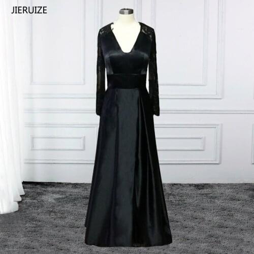 JIERUIZE Black Satin Long Sleeves Evening Dresses Long A-line V-neck Formal Dresses Mother Of the Bride Dresses abendkleider