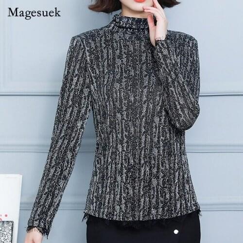 Elegant 2021 Autumn Women Striped Bottoming Shirt Bright Silk Half High Collar Long Sleeve T-shirt Elastic Slim Tops Blusa 16734