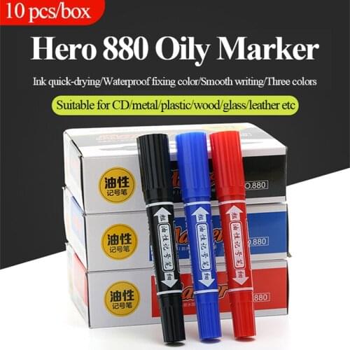Hero 880 Double Heads Oily Marker Signing Pens 10pcs/box Black/Red/Blue Logistics Symbol Markers for CD/Metal/Plastic/Wood/Glass