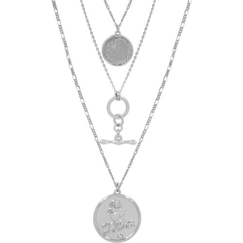 Trendy Gold Color Or Rhodium Color Plating Letter Engraved Coin T Bar Pendant Layered Necklace For Women Girly Gorgeous Jewelry