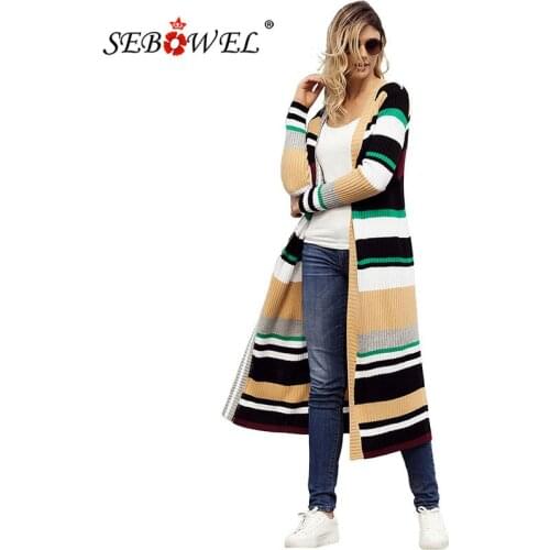 SEBOWEL Fashion Hit Color Striped Woman Long Cardigans Sweater Rainbow Ribbed Knit Colorblock Sweaters Female Autumn Warm Coats