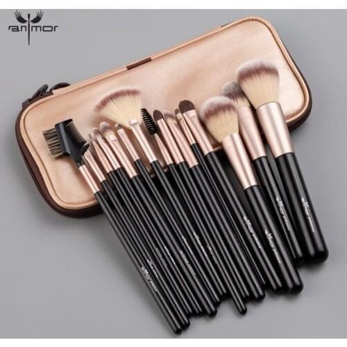 ANMOR 15Pcs Makeup Brush Set Wood Handle Synthetic Hair Professional Make Up Brushes Kit For Foundation Eyeshadow Blending