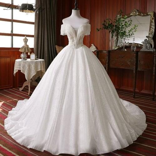 Lceland Poppy Luxury A-line Shiny Wedding Dresses 2020 Off the Shoulder Sleeveless Tassel Beaded Vestido de novia Bridal Dress