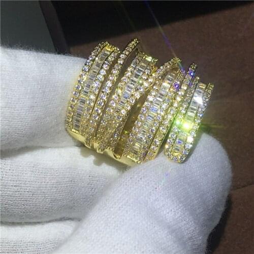 Luxury Big Engagement Wedding Band Rings for women men T shape AAAAA zircon cz Yellow Gold Filled 925 silver Finger ring Jewelry