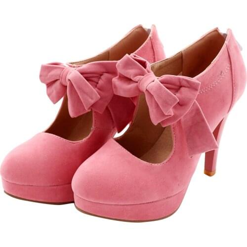 Pink Lolita Shoes Mary Jane Shoes for Women High Heels Platform Pumps Ladies Stiletto Heel Bow Shoes Plus Size 42 43 44 45 46 47