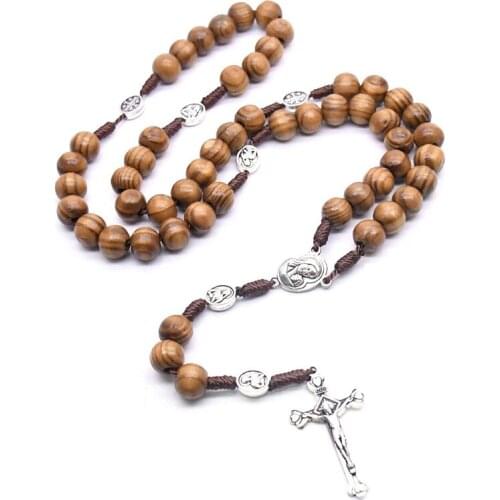 Handmade Weave Virgin Mary Antique Wooden Beads Rosaries Cross Pendants Necklace Vintage Catholic Religious Jesus Jewelry
