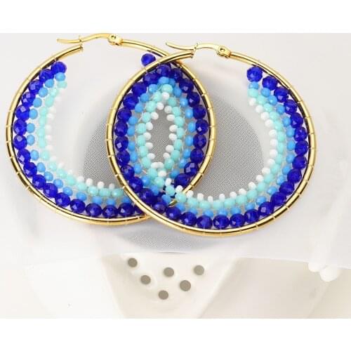 Bohemian Blue Acrylic Rice Bead hoop Earrings Real Gold Plated National costume jewelery sparkling earrings for women wedding