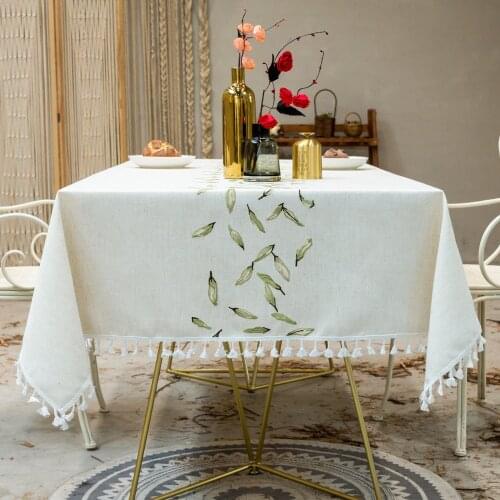 High Quality Cotton Linen Tablecloth Dimensional Embroidery Pattern Stitching White Tassel Hem Rectangular Dining Table Cover
