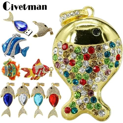 Crystal Colorful Fish USB Flash Drive Rhinestone Pendant Pen Drive 8GB 16GB 32GB 64GB 128GB 256G USB Flash Memory Stick Pendrive