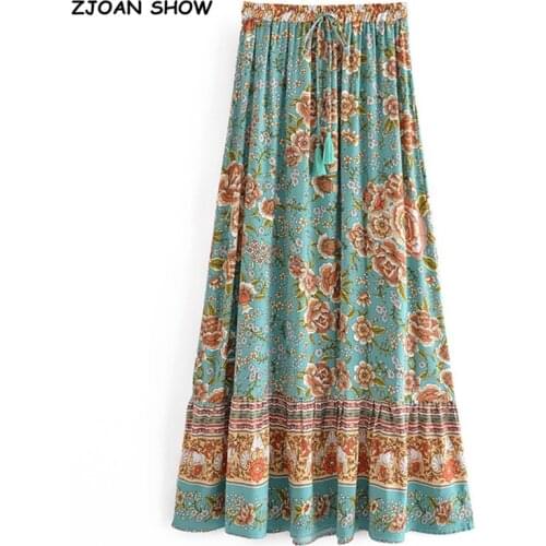 2021 Bohemia Floral Print Long Skirt Spliced Ruched Ruffle Hem Hippie Women Tassel Bow Adjust Waist Swing Skirts Holiday Beach