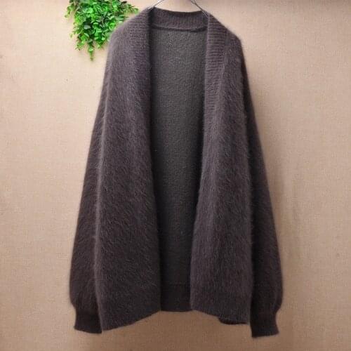 Ladies women fashion winter hairy mink cashmere knitwear long lantern sleeves loose cardigan angora fur jacket coat sweater pull