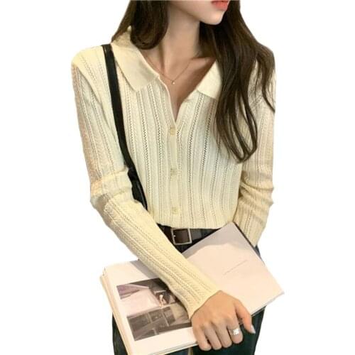 Korean Short Knitted Sweaters Hollow Long-Sleeved Womens Sweater 2021 Spring Autumn Lapel Thin Cardigan Fashion Sweater Female