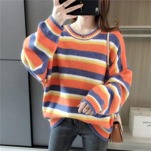 2021 Spring New Womens Sweater Fashion Hits The Color Bar Loose Korean Round Neck Knit Bottoming Top Trend Oversized Sweater