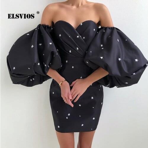 Summer Women Sexy Strapless Off-shoulder Stars Printed High Waist Hepburn Dress Casual Puff Sleeves Eelgant Slim Party Vestidos