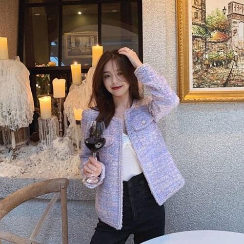 2021 Women Purple Sweet Plaid Woolen Tweed Coat Casual High Quality Warm Overcoat Fashion Elegant Gentle Temperament Jacket