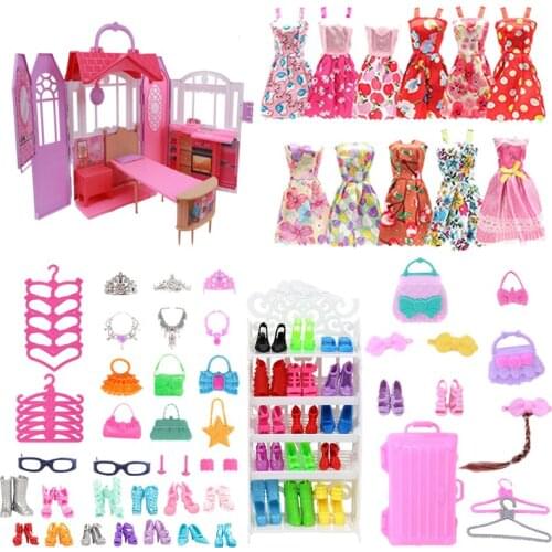 2021 New Free Shipping 55 Item/Set Doll Accessories = Magic House + Shoe Rack + Luggage + Clothes + Shoes etc For Barbie Doll