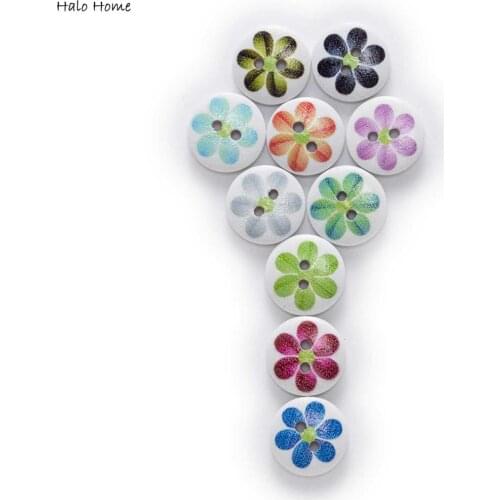 50pcs 6 petals printing Theme Round Wooden buttons Sewing Scrapbook Clothing Gifts Crafts Handwork Accessories 15mm