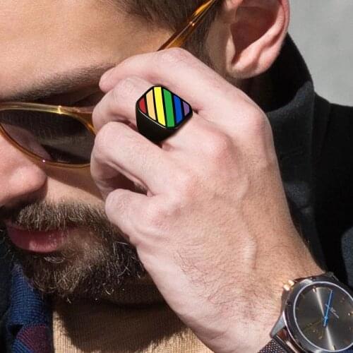 RAINBOW PATTERN BLACK SQUARE SIGNET RING FOR MEN JEWELRY STAINLESS STEEL PINKY RINGS